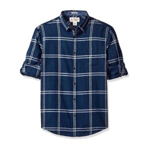 Sleeve Linen Blend Caro Pane Shirt - Blue