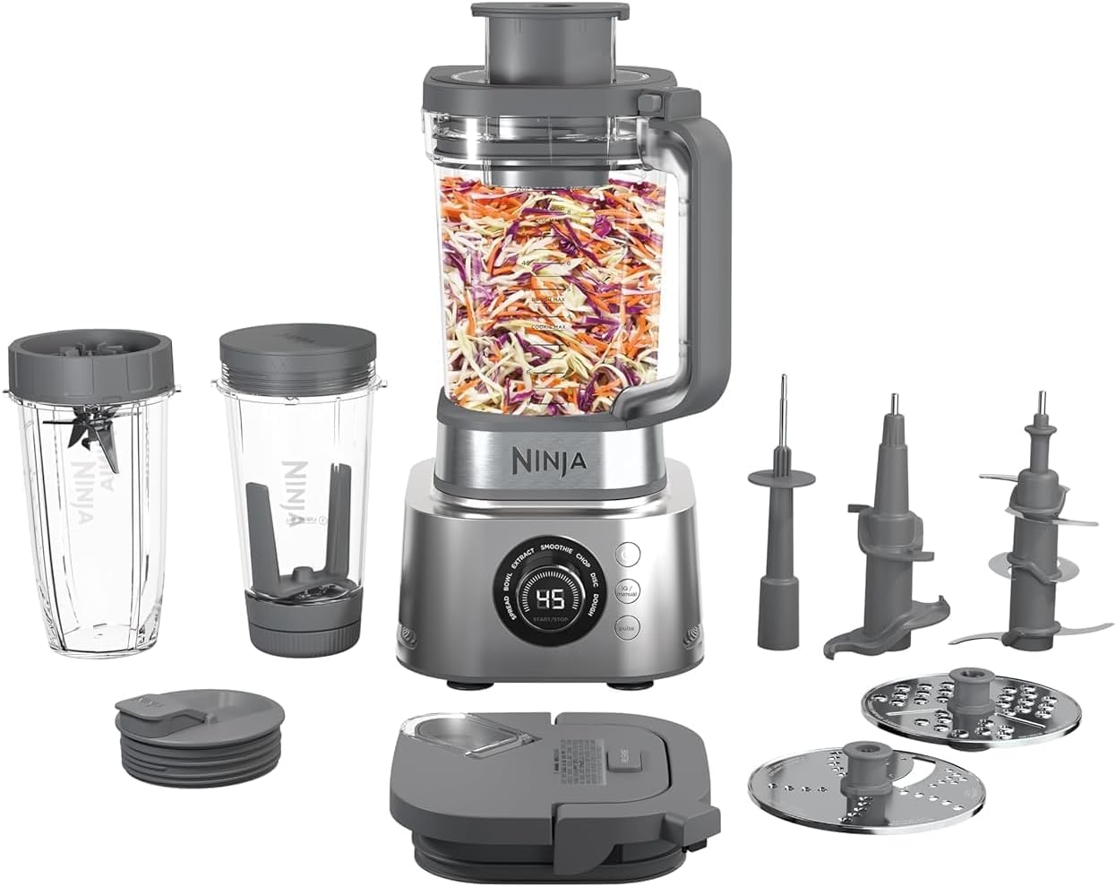 Ninja Blender, Compact Kitchen System, 1200W, 3 Functions for Smoothies, Dough & Frozen Drinks with Auto-IQ, 72-oz.* Blender Pitcher, 40-oz. Processor Bowl & 18-oz. Single-Serve Cup, Grey, AMZ493BRN